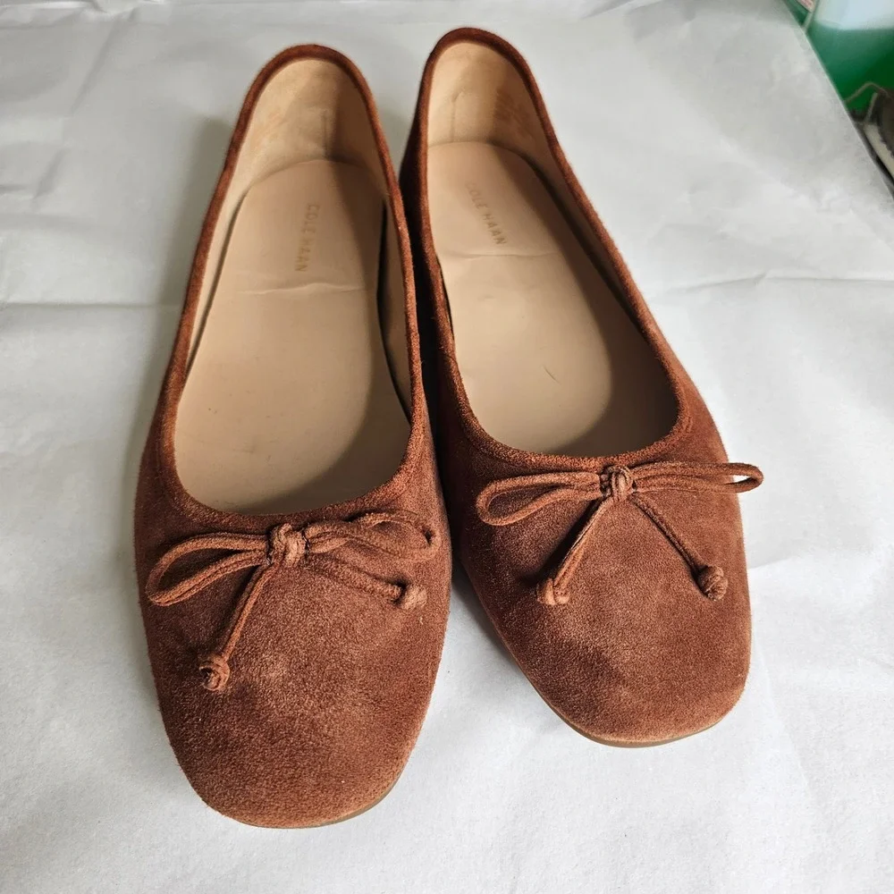 Cole Haan Pecan Brown Suede Ballet Flats Bow Round Toe Womens 10.5